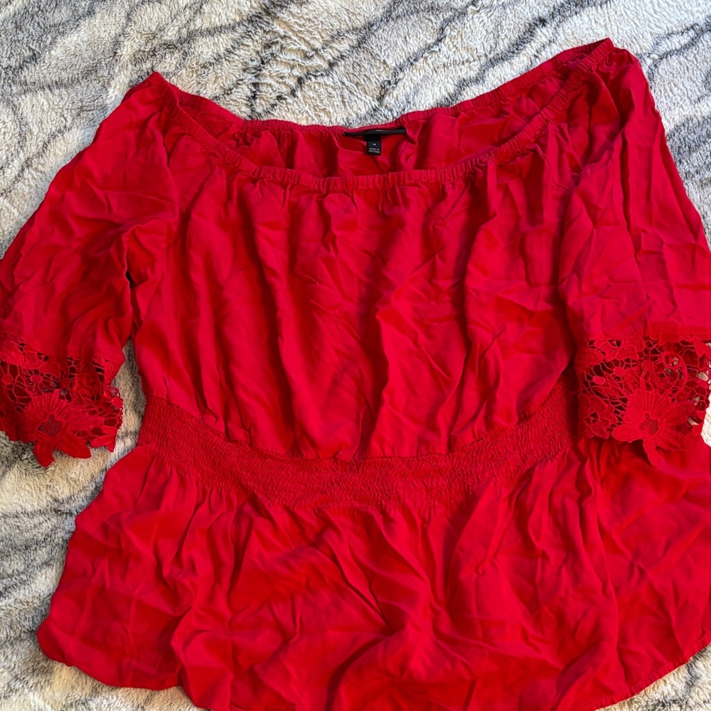 Lane Bryant Red Off-Shoulder Blouse with Crochet Sleeve Detail